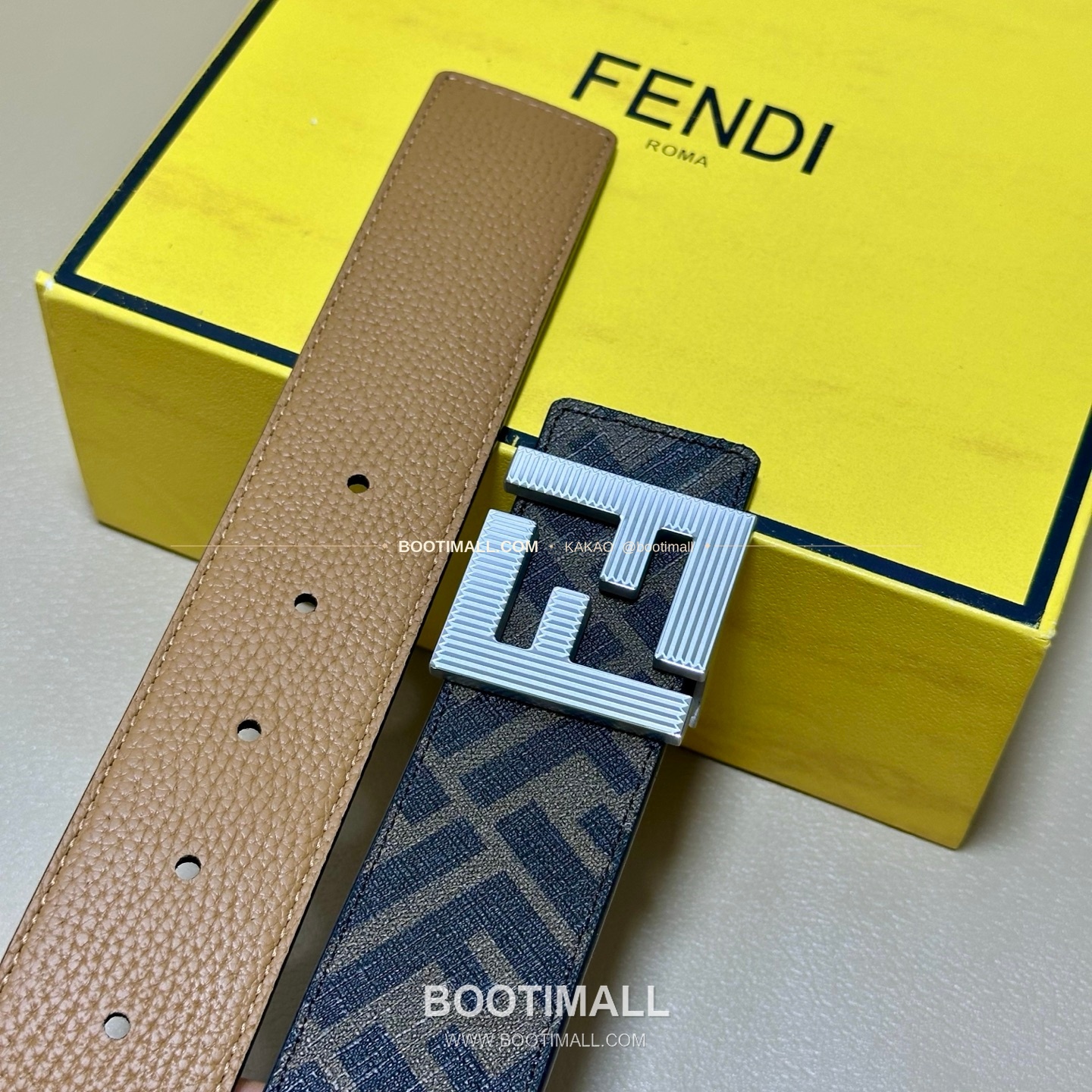 펜디 쿠오이오 로마노 가죽 FF 캔버스 리버서블 더블링 벨트 Fendi Cuoio Romano Leather FF Canvas Reversible Double Ring Belt 4cm 4