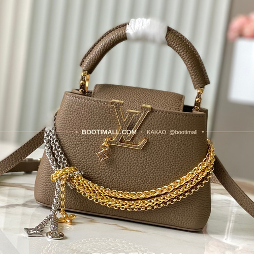 루이비통 카퓌신 미니 타우릴론 레더 체인 디테일 카키 토트백 Louis Vuitton Capucines Mini Taurillon Leather Chain Detail Khaki Top Handle Bag M27312 21cm