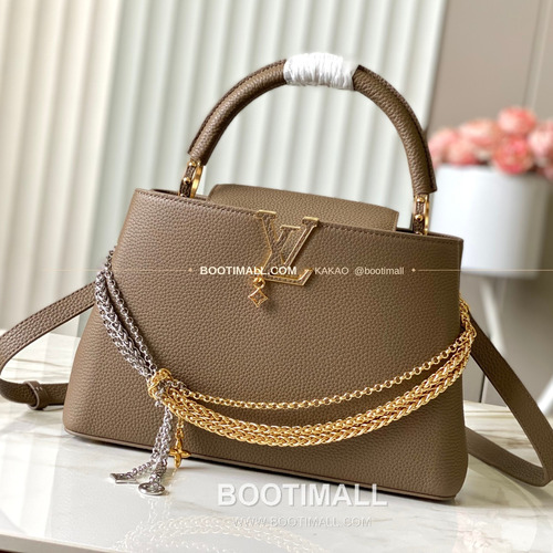 루이비통 카퓌신 미디움 타우릴론 레더 체인 디테일 카키 토트백 Louis Vuitton Capucines Medium Taurillon Leather Chain Detail Khaki Top Handle Bag M27312 31cm