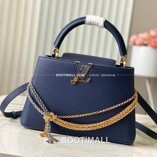 루이비통 카퓌신 미디움 타우릴론 레더 체인 디테일 블루 토트백 Louis Vuitton Capucines Medium Taurillon Leather Chain Detail Blue Top Handle Bag M28203 31cm