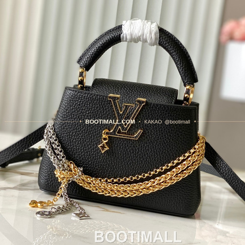 루이비통 카퓌신 미니 타우릴론 레더 체인 디테일 블랙 토트백 Louis Vuitton Capucines Mini Taurillon Leather Chain Detail Black Top Handle Bag M28203 21cm
