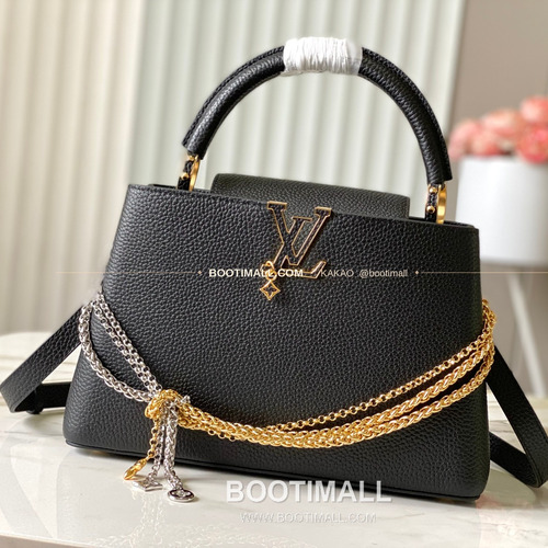 루이비통 카퓌신 미디움 타우릴론 레더 체인 디테일 블랙 토트백 Louis Vuitton Capucines Medium Taurillon Leather Chain Detail Black Top Handle Bag M28203 31cm