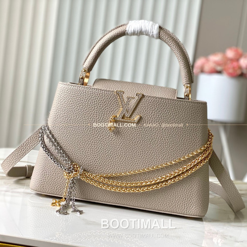 루이비통 카퓌신 미디움 타우릴론 레더 체인 디테일 라이트브라운 토트백 Louis Vuitton Capucines Medium Taurillon Leather Chain Detail Light Brown Top Handle Bag M28203 31cm