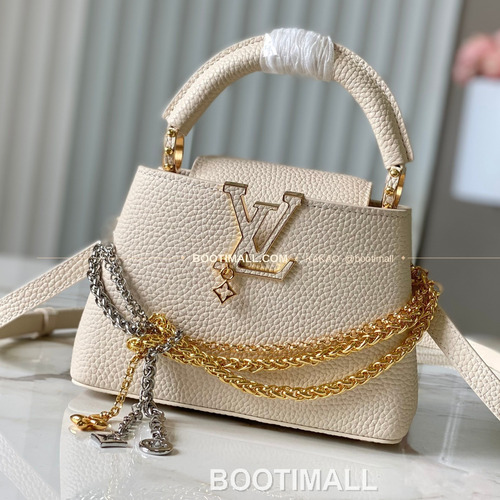 루이비통 카퓌신 미니 타우릴론 레더 체인 디테일 아이보리 토트백 Louis Vuitton Capucines Mini Taurillon Leather Chain Detail Ivory Top Handle Bag M28203 21cm