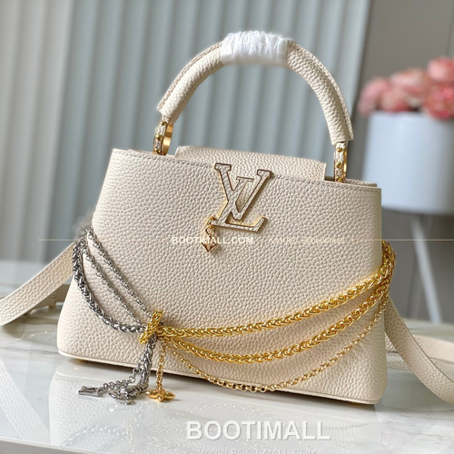 루이비통 카퓌신 스몰 타우릴론 레더 체인 디테일 아이보리 토트백 Louis Vuitton Capucines Small Taurillon Leather Chain Detail Ivory Top Handle Bag M28203 27cm