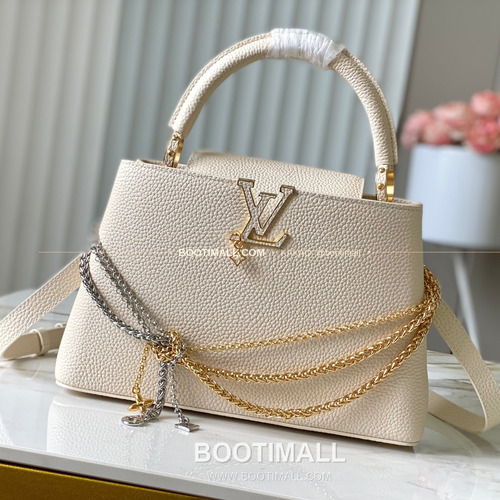 루이비통 카퓌신 미디움 타우릴론 레더 체인 디테일 아이보리 토트백 Louis Vuitton Capucines Medium Taurillon Leather Chain Detail Ivory Top Handle Bag M28203 31cm